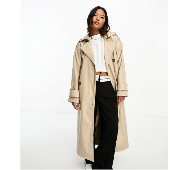 ASOS DESIGN Tan Faux Leather Trench Coat Size 12 Long Preppy Chic Minimalist - Picture 2 of 15